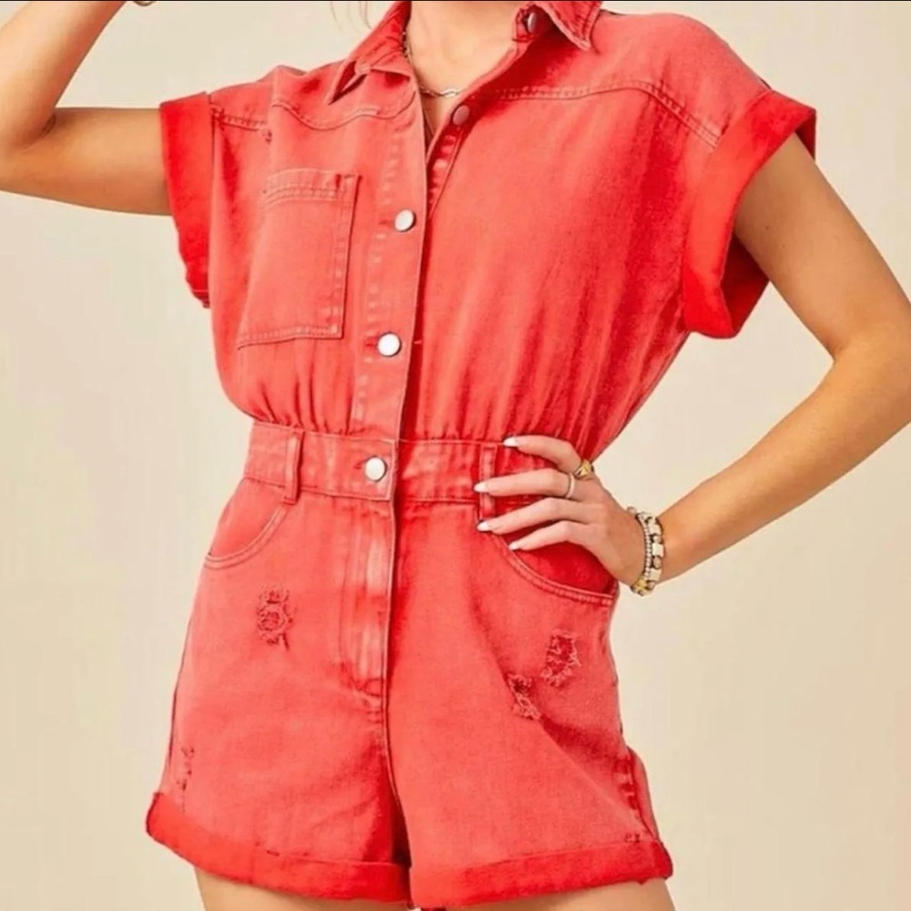 Red Denim Romper